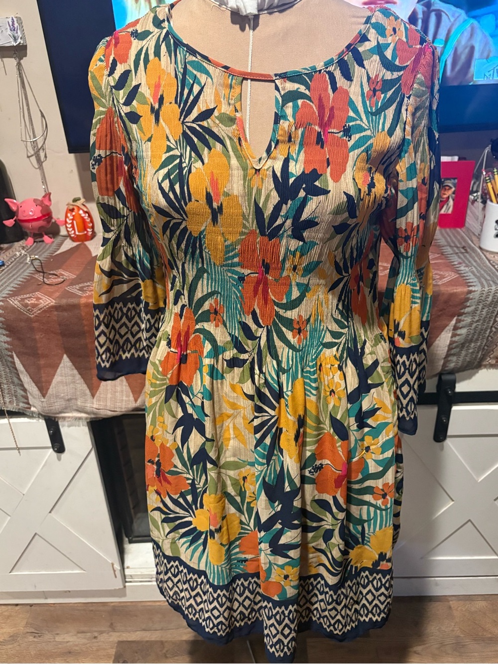 Emma and Michele Floral Keyhole Smocked Midi Dress in Multicolor